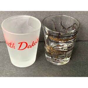 Two South Dakota Shot Glasses - White w/ Red Letters and Famous Wall Drugs